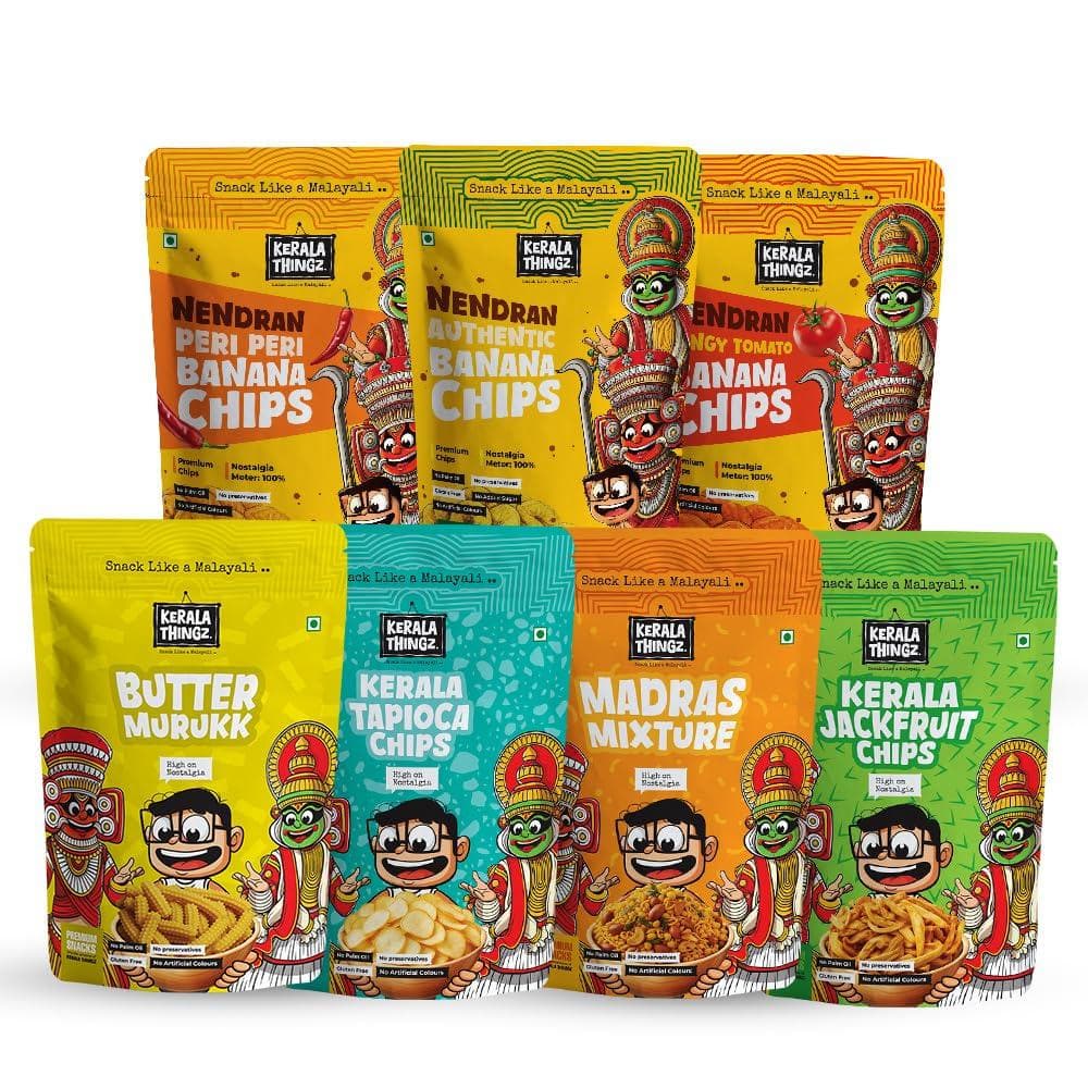 Nendran Banana Chips - Combo 830g | Authentic + Peri Peri + Tangy Tomato (Each 100g Pack) + Tapioca Chips (80g) + Jackfruit Chips + Madras Mixture + Butter Murukku (Each 150g Pack)