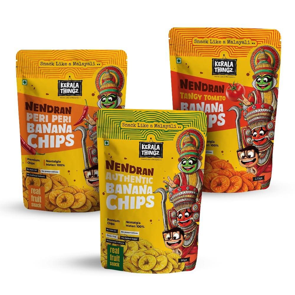 Nendran Banana Chips - Combo 280g, Peri Peri (100g) + Tangy Tomato (100g) + Authentic Salted 80g