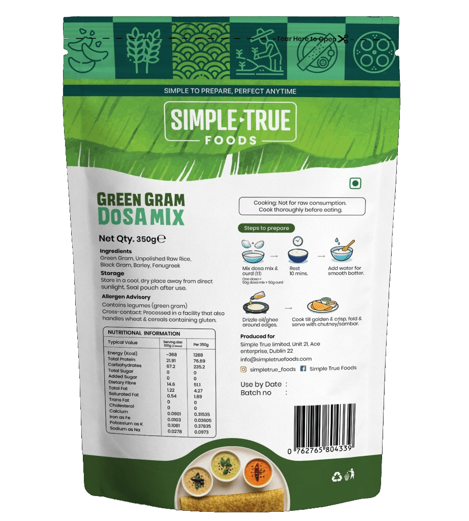 Green Gram Dosa Mix pack back — ingredients, nutrition, and how to prepare